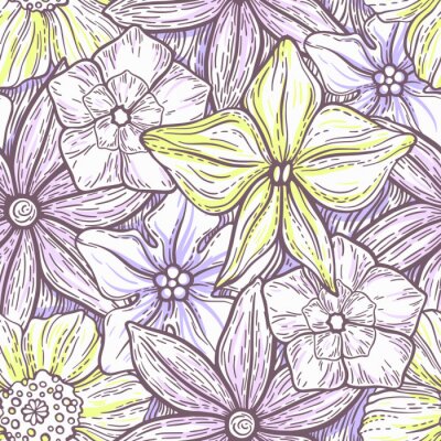 Behang Hand getekend patroon met decoratief floral ornament. Gestileerde kleurrijke bloemen. Zomer lente neutrale achtergrond. Vector illustratie