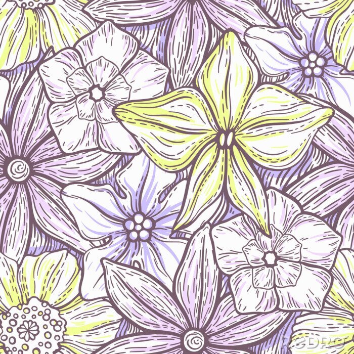 Behang Hand getekend patroon met decoratief floral ornament. Gestileerde kleurrijke bloemen. Zomer lente neutrale achtergrond. Vector illustratie