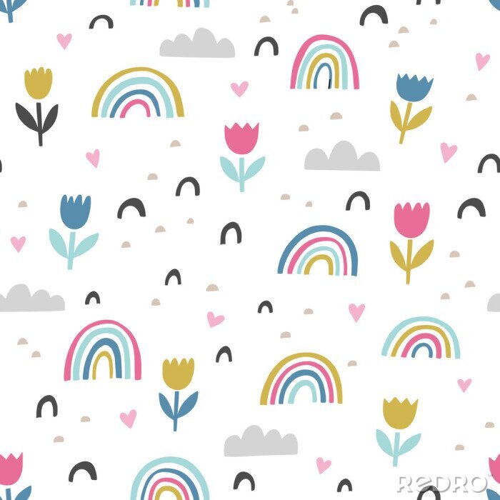 Behang Hand getekend schattig abstract patroon. Regenboog, bloem, wolkenkrabbel vector naadloze achtergrond. Ontwerp voor stof in felle kleuren.