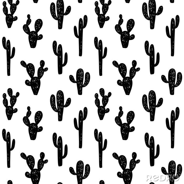 Behang Hand getekend schattige kinderen abstract naadloze patroon met cactus. Rustieke, boho eenvoudige zwart-witte achtergrond. Cartoon afbeelding