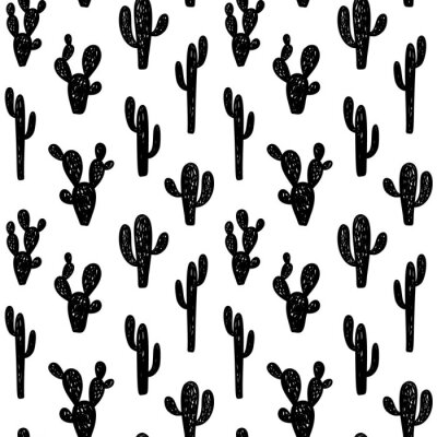 Behang Hand getekend schattige kinderen abstract naadloze patroon met cactus. Rustieke, boho eenvoudige zwart-witte achtergrond. Cartoon afbeelding