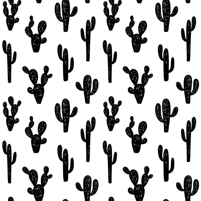 Behang Hand getekend schattige kinderen abstract naadloze patroon met cactus. Rustieke, boho eenvoudige zwart-witte achtergrond. Cartoon afbeelding