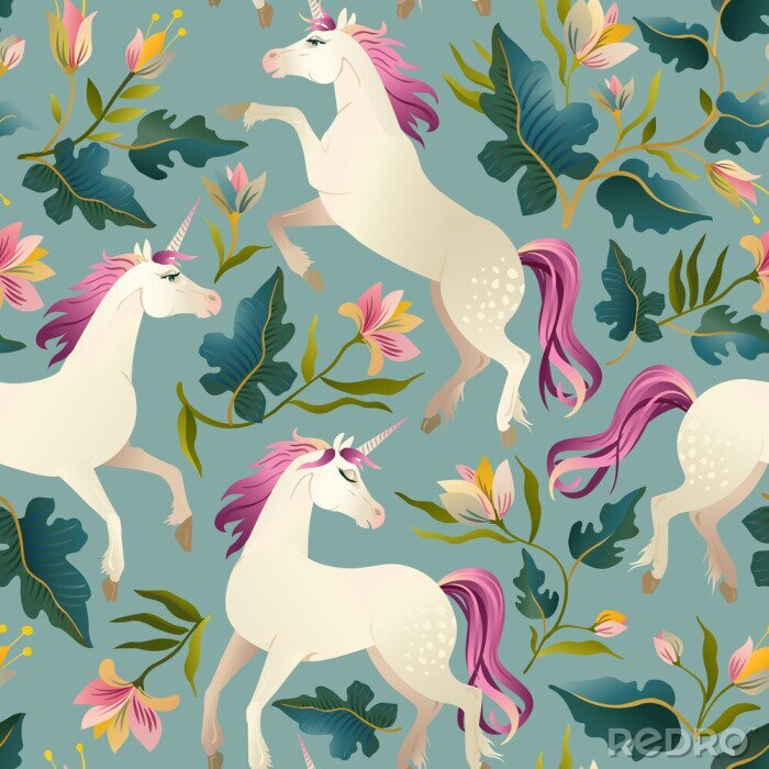 Behang Hand getekend vintage Unicorn in magische bos naadloze patroon. Vector illustratie.