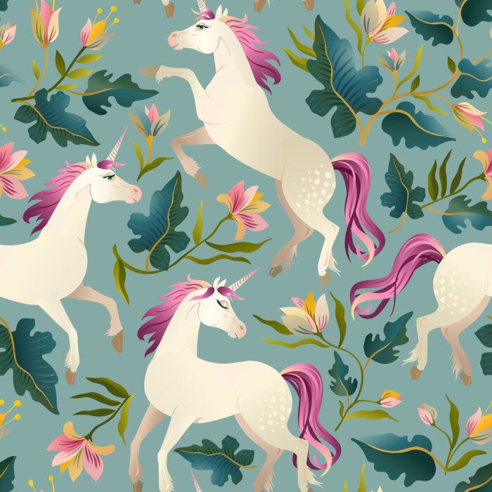 Behang Hand getekend vintage Unicorn in magische bos naadloze patroon. Vector illustratie.