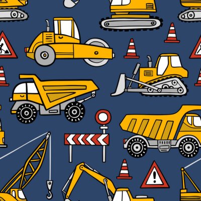 Behang Hand getrokken bouw auto's naadloze vector patroon op donkerblauwe achtergrond.