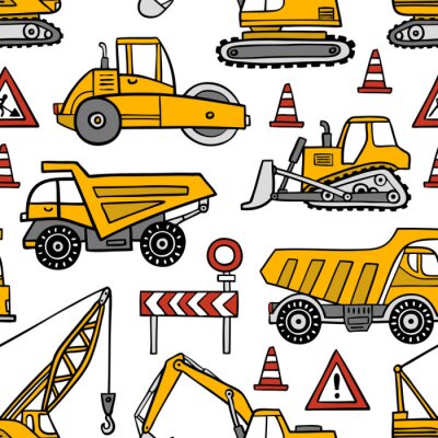 Behang Hand getrokken bouw auto's naadloze vector patroon op witte achtergrond.