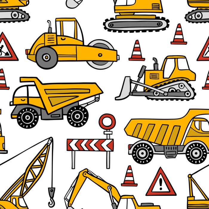 Behang Hand getrokken bouw auto's naadloze vector patroon op witte achtergrond.