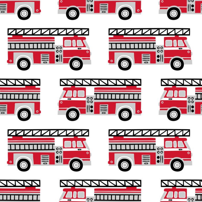 Behang Hand getrokken brandweerwagens naadloos vectorpatroon op witte achtergrond.