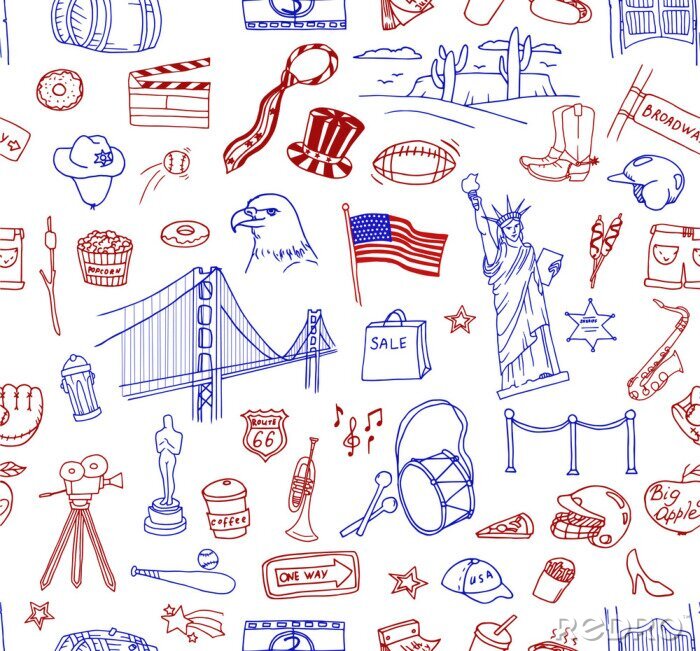 Behang Hand getrokken doodle verzameling van de verschillende Amerikaanse voorwerpen, gebouwen en tekenen. Line art pictogrammen patroon.