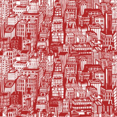 Behang Hand getrokken naadloos patroon met grote stad New York. Vector uitstekende illustratie met NYC architectuur, wolkenkrabbers, megapolis, gebouwen, de stad.