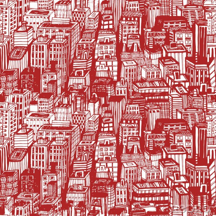 Behang Hand getrokken naadloos patroon met grote stad New York. Vector uitstekende illustratie met NYC architectuur, wolkenkrabbers, megapolis, gebouwen, de stad.