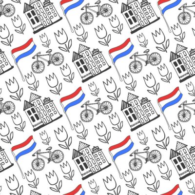 Behang Hand getrokken naadloos patroon met Holland stad elementen. Nederland achtergrond voor het ontwerp. vector reizen