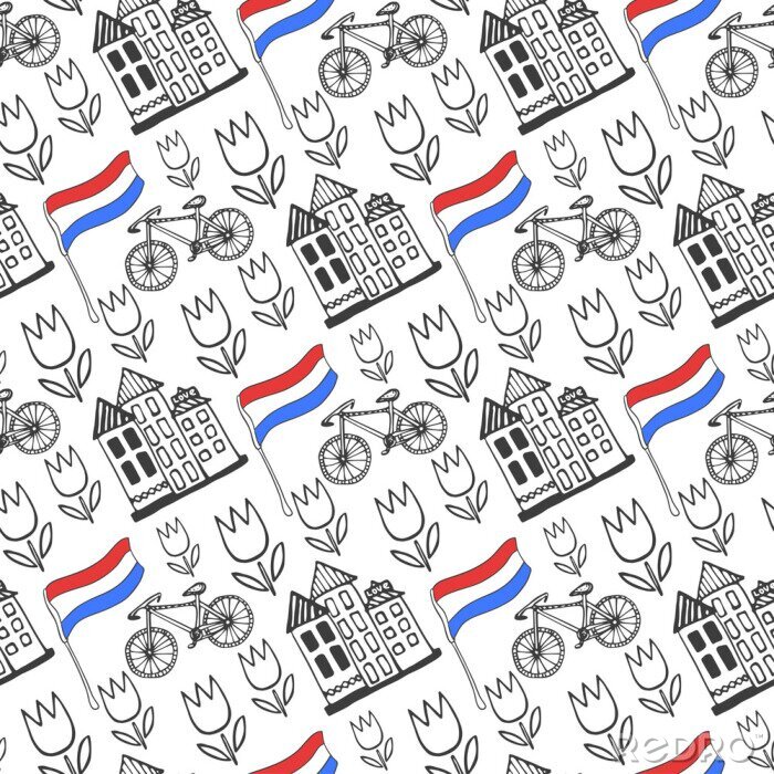 Behang Hand getrokken naadloos patroon met Holland stad elementen. Nederland achtergrond voor het ontwerp. vector reizen