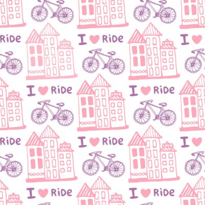 Behang Hand getrokken naadloos patroon met leuke huizen en fiets in roze kleuren. Illustratie achtergrond in vector. Gebruikt voor behang, het verpakken, webpagina achtergrond, oppervlaktestructuren
