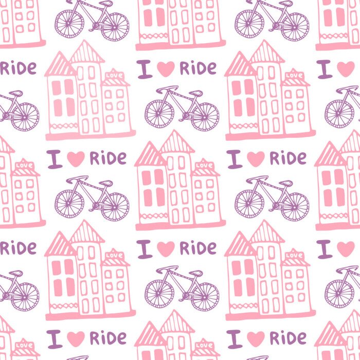 Behang Hand getrokken naadloos patroon met leuke huizen en fiets in roze kleuren. Illustratie achtergrond in vector. Gebruikt voor behang, het verpakken, webpagina achtergrond, oppervlaktestructuren