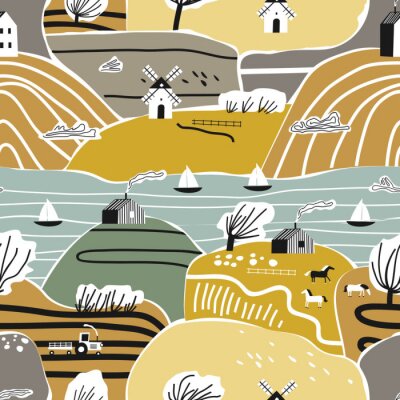 Behang Hand getrokken naadloze patroon met huis, bomen en heuvels. Europa aard landschapsconcept. Perfect voor kinderstof, textiel, kinderkamerbehang. Herfst.