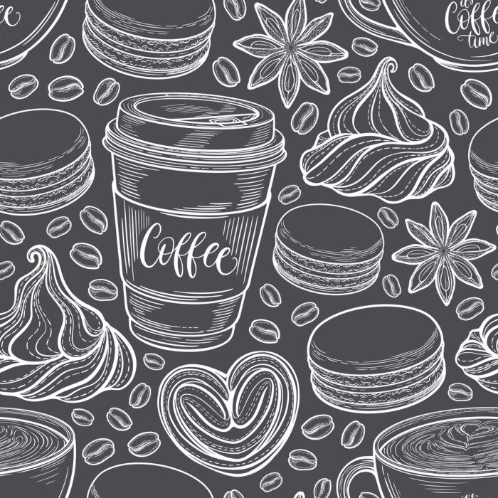 Behang Hand getrokken naadloze patroon met koffie kopjes, bonen, mokken, bitterkoekjes. Kleurrijke achtergrond in vintage retro kleuren. Decoratieve doodle vectorillustratie
