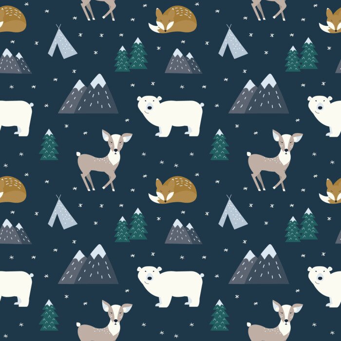 Behang Hand getrokken Skandinavische dieren in het bos, naadloze patroon. Traditionele motieven in Scandinavische stijl. Vector illustratie.