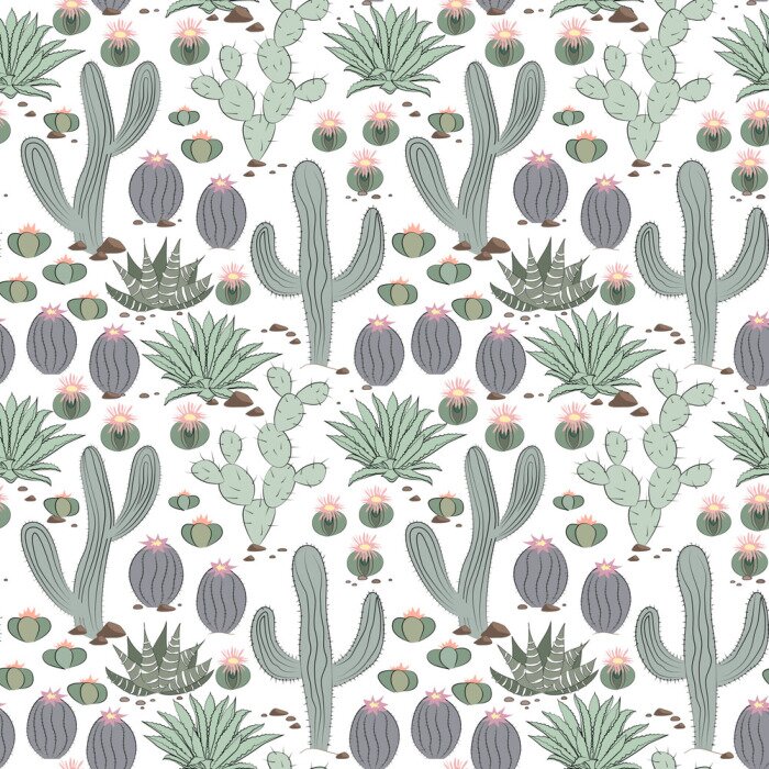 Behang Hand getrokken succulent ornament met cactus.