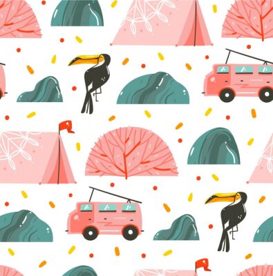 Hand getrokken vector abstracte cartoon grafische zomertijd illustraties collectie naadloze patroon met tent, stenen, koraalriffen, camper bus en toucan geïsoleerd op witte achtergrond