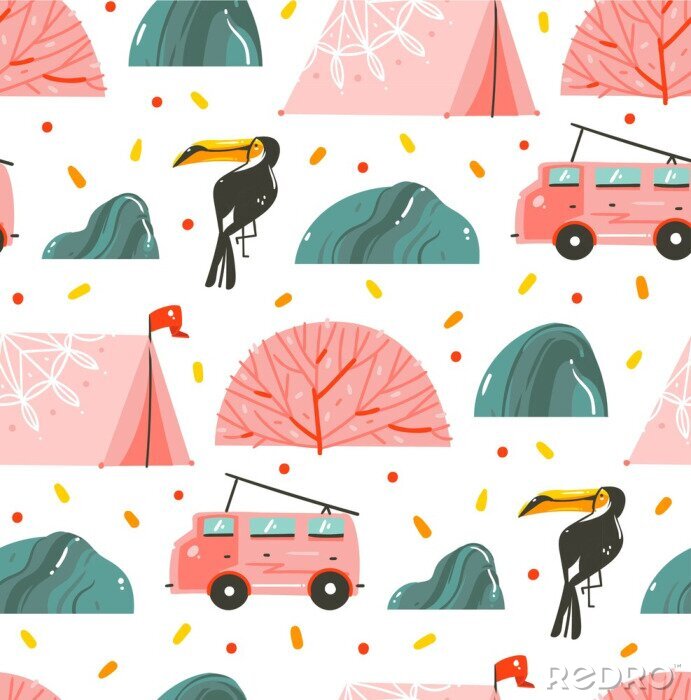 Behang Hand getrokken vector abstracte cartoon grafische zomertijd illustraties collectie naadloze patroon met tent, stenen, koraalriffen, camper bus en toucan geïsoleerd op witte achtergrond