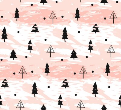 Behang Hand getrokken vector abstracte decoratie van het Kerstmis het geweven naadloze patroon met freehand vuile borstel geschilderde die Kerstbomen in pastelkleuren op witte achtergrond worden geïsoleerd