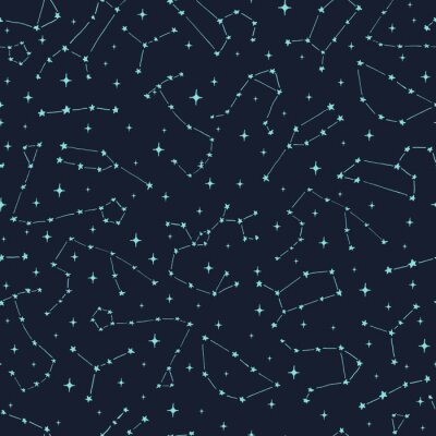 Behang Hand getrokken vector naadloos patroon met dierenriemconstellaties: Ram, taurus, Tweeling, kanker, leo, virgo, Weegschaal, Schorpioen, Boogschutter, Steenbok, Waterman en Vissen.