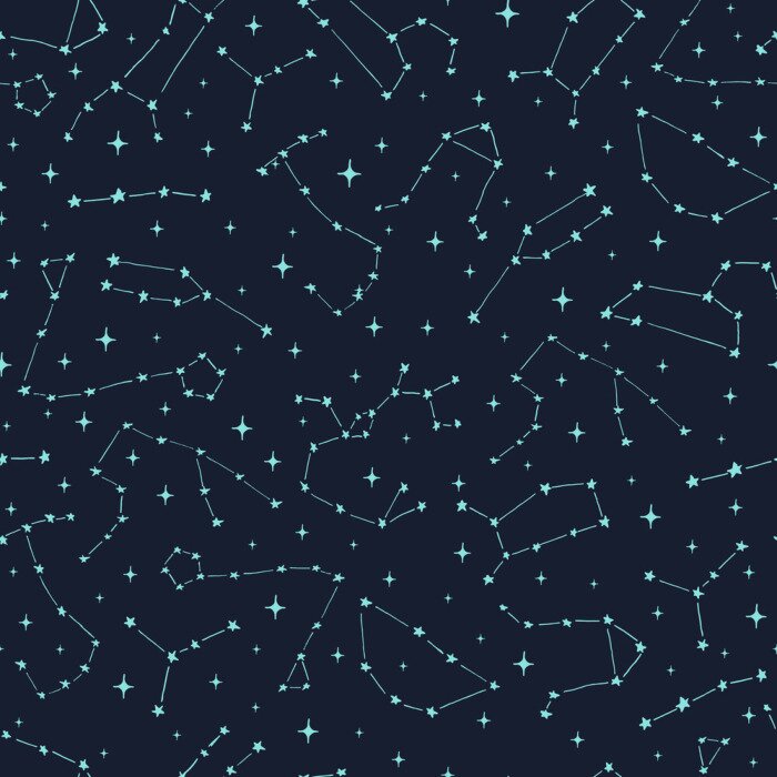 Behang Hand getrokken vector naadloos patroon met dierenriemconstellaties: Ram, taurus, Tweeling, kanker, leo, virgo, Weegschaal, Schorpioen, Boogschutter, Steenbok, Waterman en Vissen.