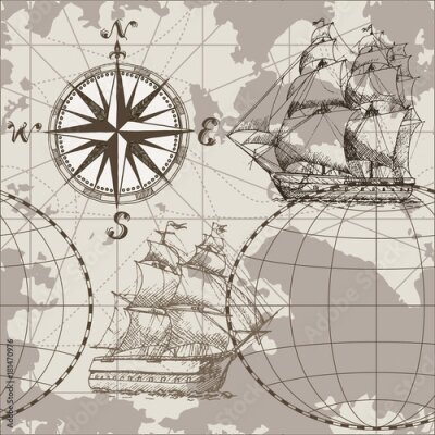 Hand getrokken vector naadloze overzeese kaart met kompas en varend schip. Perfect voor textiel, behang en prints.