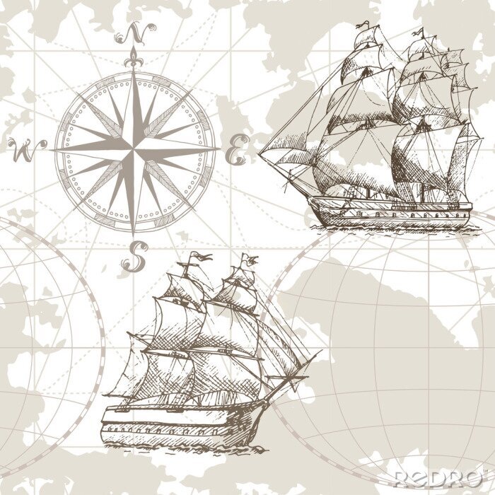Behang Hand getrokken vector naadloze overzeese kaart met kompas en varend schip. Perfect voor textiel, behang en prints.