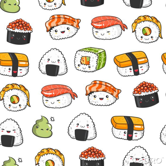 Behang Hand getrokken verschillende kawaii sushi. Gekleurd vector naadloos patroon