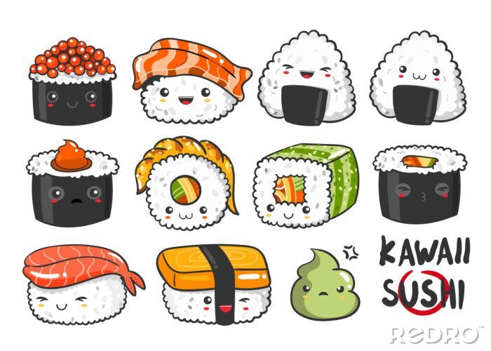 Behang Hand getrokken verschillende kawaii sushi. Gekleurde vector set. Alle elementen zijn geïsoleerd
