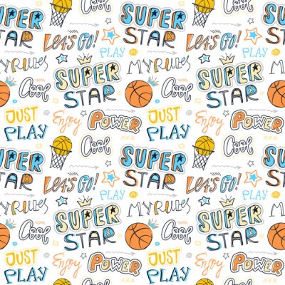 Behang Hand tekenen naadloos patroon voor basketbal. Sport achtergrond voor kinderen, typografie slogan. Printontwerp voor kinder T-shirts, kleding, banners, flyers. Superster, cool, mijn regels, kracht.