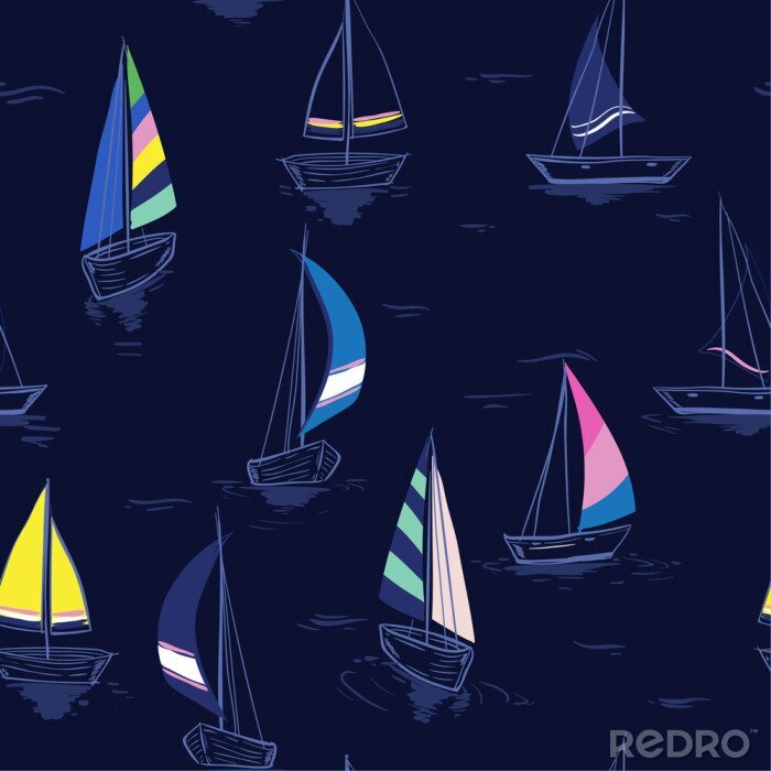 Behang Hand tekenen schets Naadloze zomer zee patroon met zeilschepen op marineblauwe achtergrond.