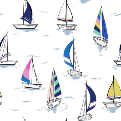 Behang Hand tekening schets Naadloze zomer zee patroon met zeilschepen op witte achtergrond.