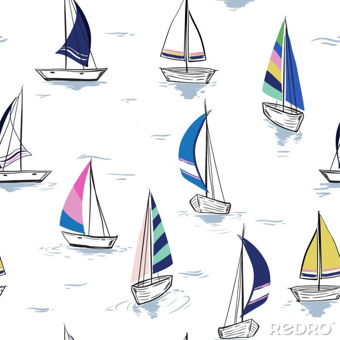 Behang Hand tekening schets Naadloze zomer zee patroon met zeilschepen op witte achtergrond.