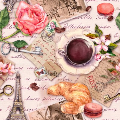 Behang Hand written letters, Eiffel Tower, coffee or tea cup, macaroon cakes, rose flowers, stamps and keys. Vintage seamless pattern