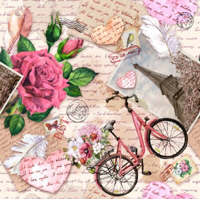 Behang Hand written letters, hearts, bicycle with flowers in basket, vintage photo of Eiffel Tower, rose flowers, postal stamps, feathers. Seamless pattern about love, France, Paris