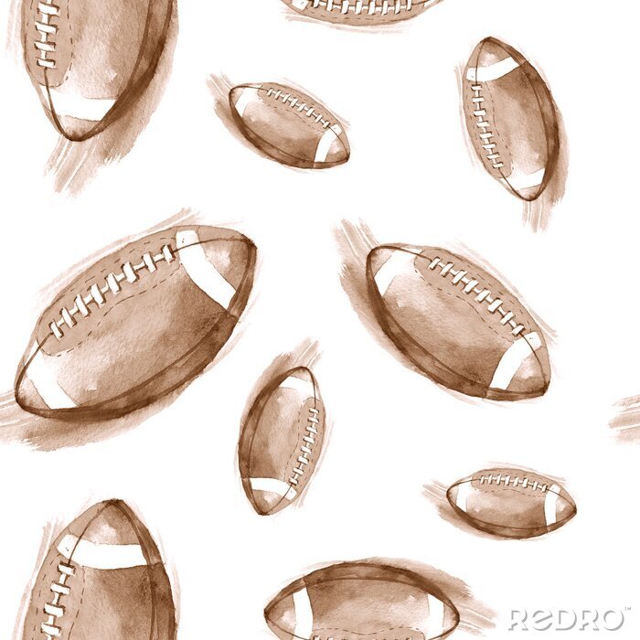 Behang Handgetekende aquarel naadloze patroon met Amerikaanse voetbalballen. Herhaalde achtergrond in retro stijl. Sport patroon