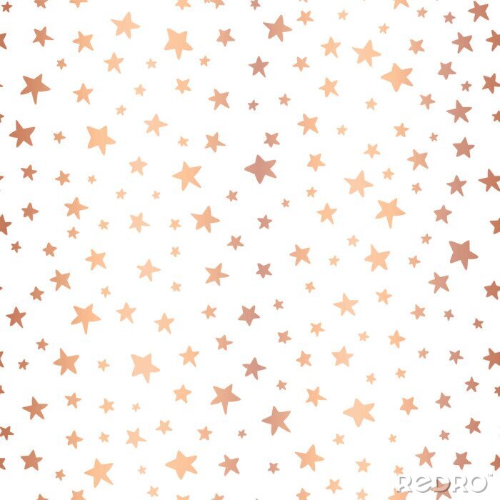 Behang Handgetekende sterren rose goud folie vector achtergrond. Naadloos patroon voor Kerstmis en vieringen. Hand getekend koperen sterren op wit. Voor cadeaupapier, wenskaarten, behang, poster, banner