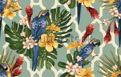 Behang Hawaiiaanse bloemen en papegaaien