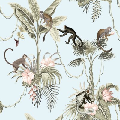 Behang Hawaiian vintage botanical palm tree,banana tree, palm leaves, hibiscus flower, liana, monkey animal summer paradise floral seamless pattern blue background.Exotic jungle wallpaper.