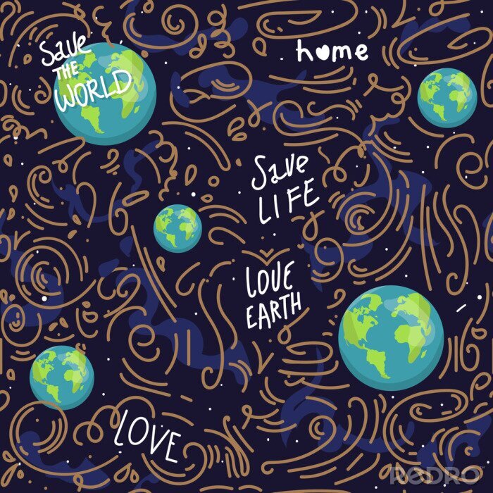 Behang heart shaped earth. Cartoon globe. web icons green happy nature character. love ecology earth planet world map seamless pattern vector illustration. save the planet. motivation inscription