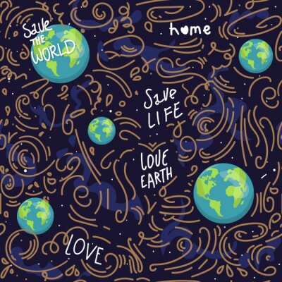Behang heart shaped earth. Cartoon globe. web icons green happy nature character. love ecology earth planet world map seamless pattern vector illustration. save the planet. motivation inscription