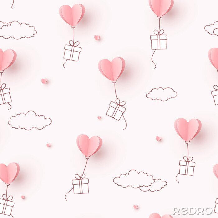 Behang Hearts balloons with gift box flying on pink sky background. Vector love seamless pattern for Happy Mother's or Valentine's Day greeting card design..