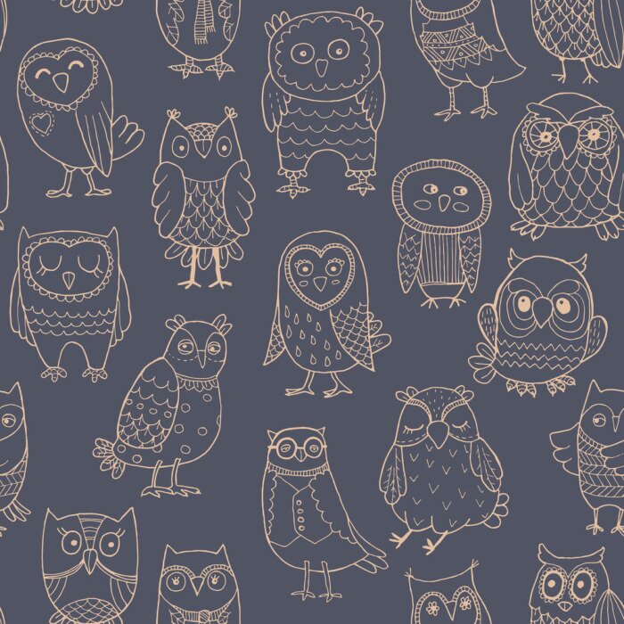 Behang Helder geschetste uilen op een donkere achtergrond