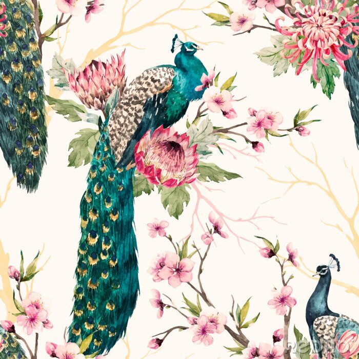 Behang Helder motief met pauwvogels en roze bloemen