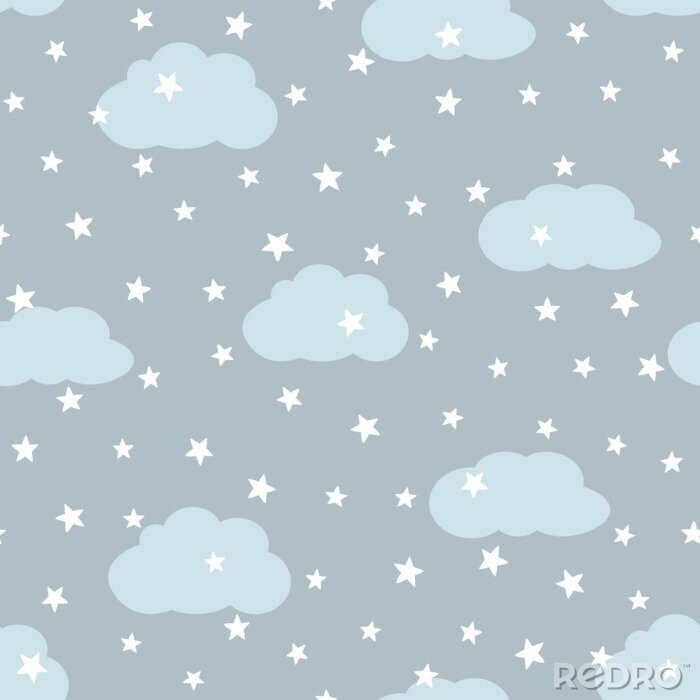Behang Hemel met wolken en sterren. Naadloos patroon voor kinderen.