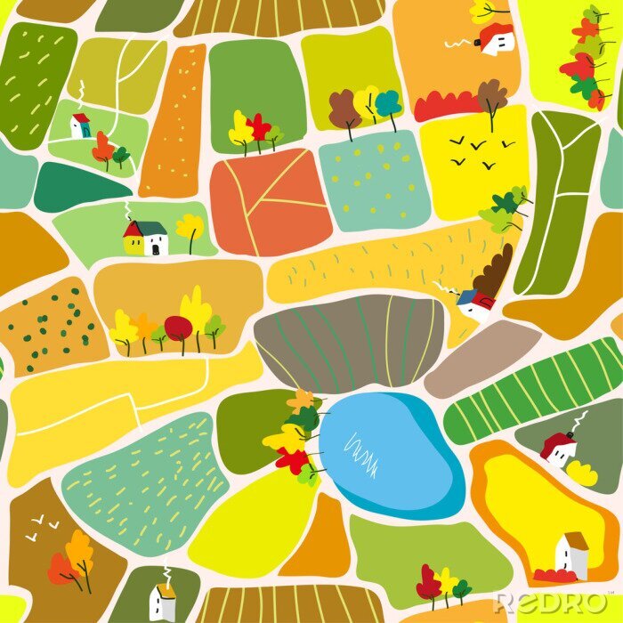 Behang Herfst landschap naadloze patroon met huizen, bomen en meer, toerisme kaart. Vector grafische illustratie
