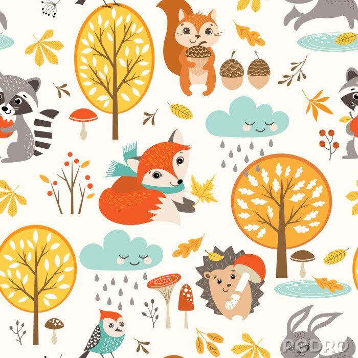Behang Herfst naadloos patroon met schattige bosdieren, bomen, regenachtige wolken, paddestoelen en bladeren.